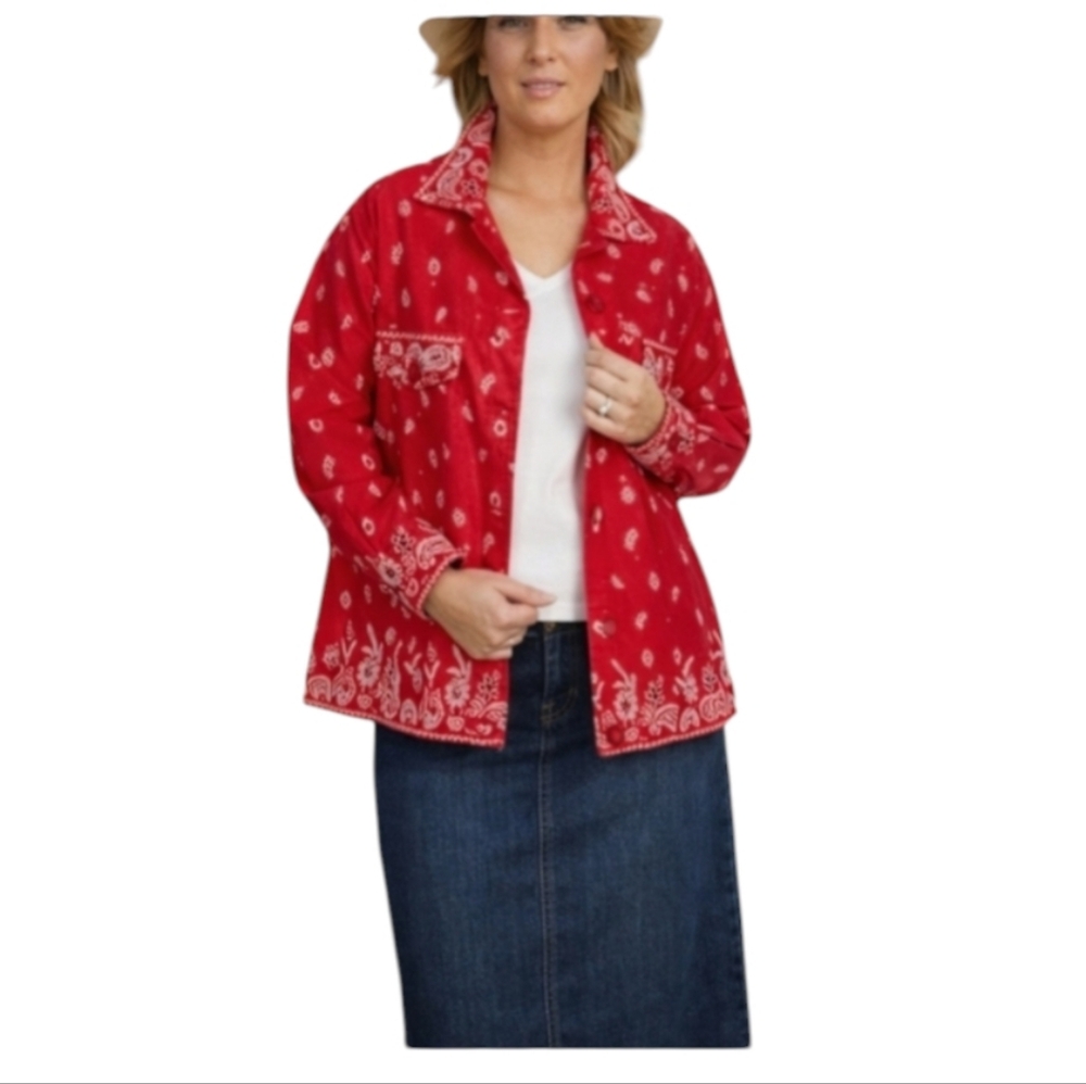 Quacker Factory QVC red bandana western Cowgirl embellished Jean jacket sz M